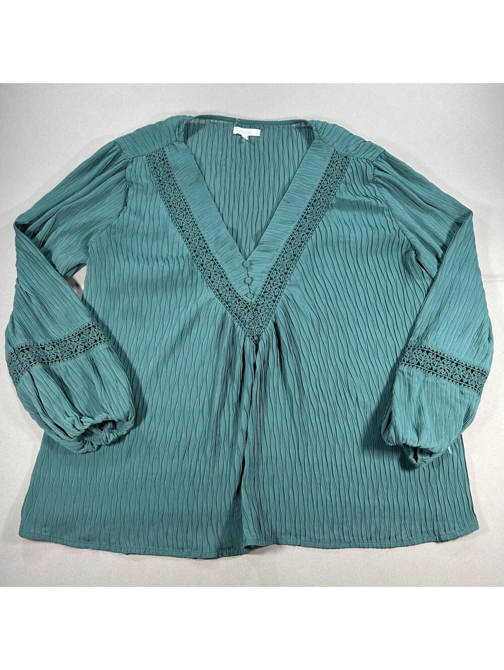 Maurices Top Womens XL Green Lace Waist Long Sleeve Blouse Peplum